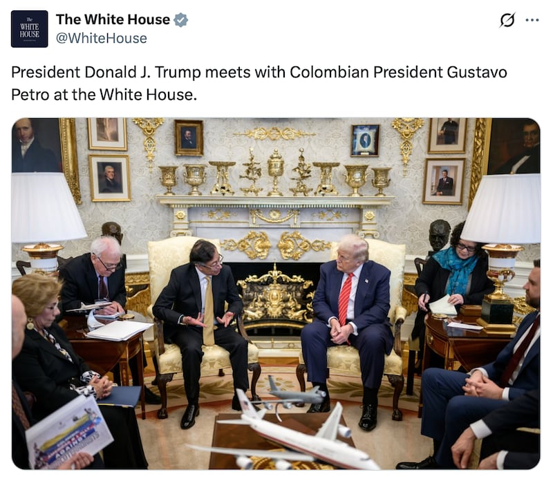 The White House's X Account shares a photo of Donald Trump meeting Colombian President Gustavo Petro.