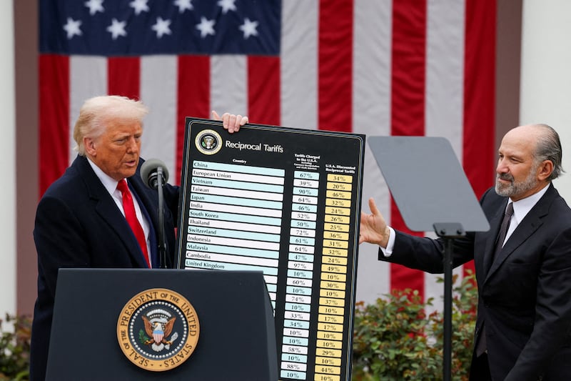 FILE PHOTO: U.S. President Donald Trump holds a chart next to U.S. Secretary of Commerce Howard Lutnick as Trump delivers remarks on tariffs in the Rose Garden at the White House in Washington, D.C., U.S., April 2, 2025. REUTERS/Carlos Barria/File Photo
