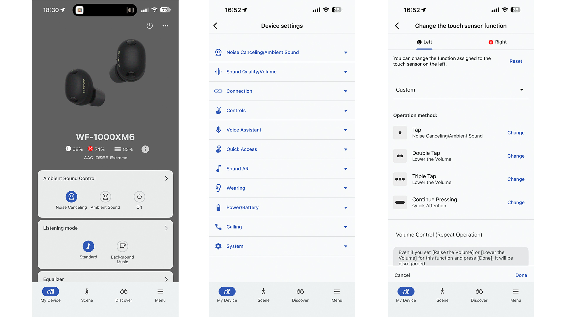 Sony WF-1000XM6 wireless earbuds app on three smartphone screens