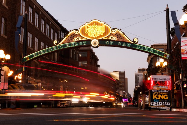 San Diego, California - February 20: A long exposure photograph of a vehicle turning onto the Gaslamp Quarter in downtown San Diego on Friday, February 20, 2026. (Kristian Carreon / The San Diego Union-Tribune)