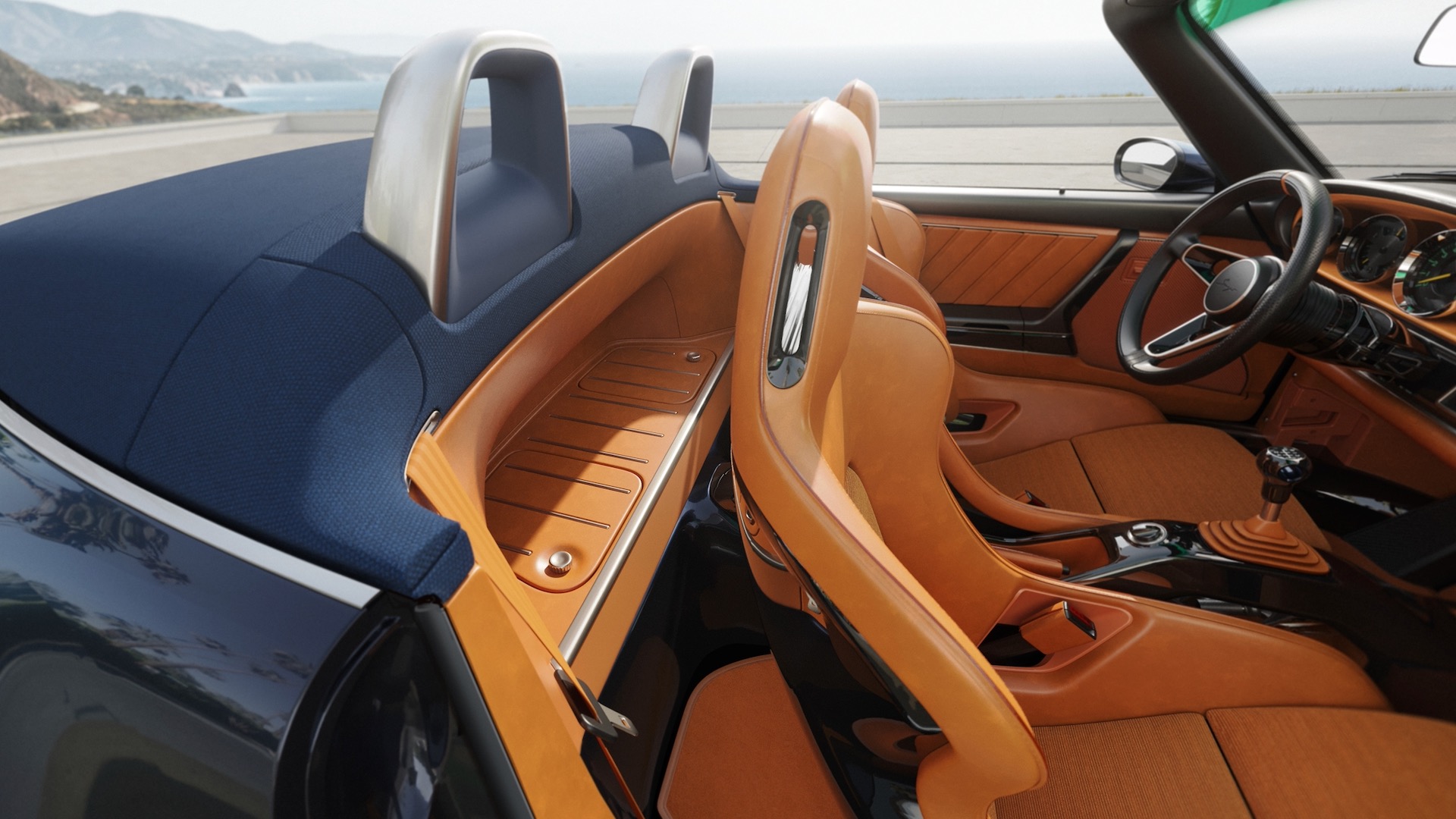 Porsche 911 Carrera Cabriolet Reimagined by Singer interior in tan.
