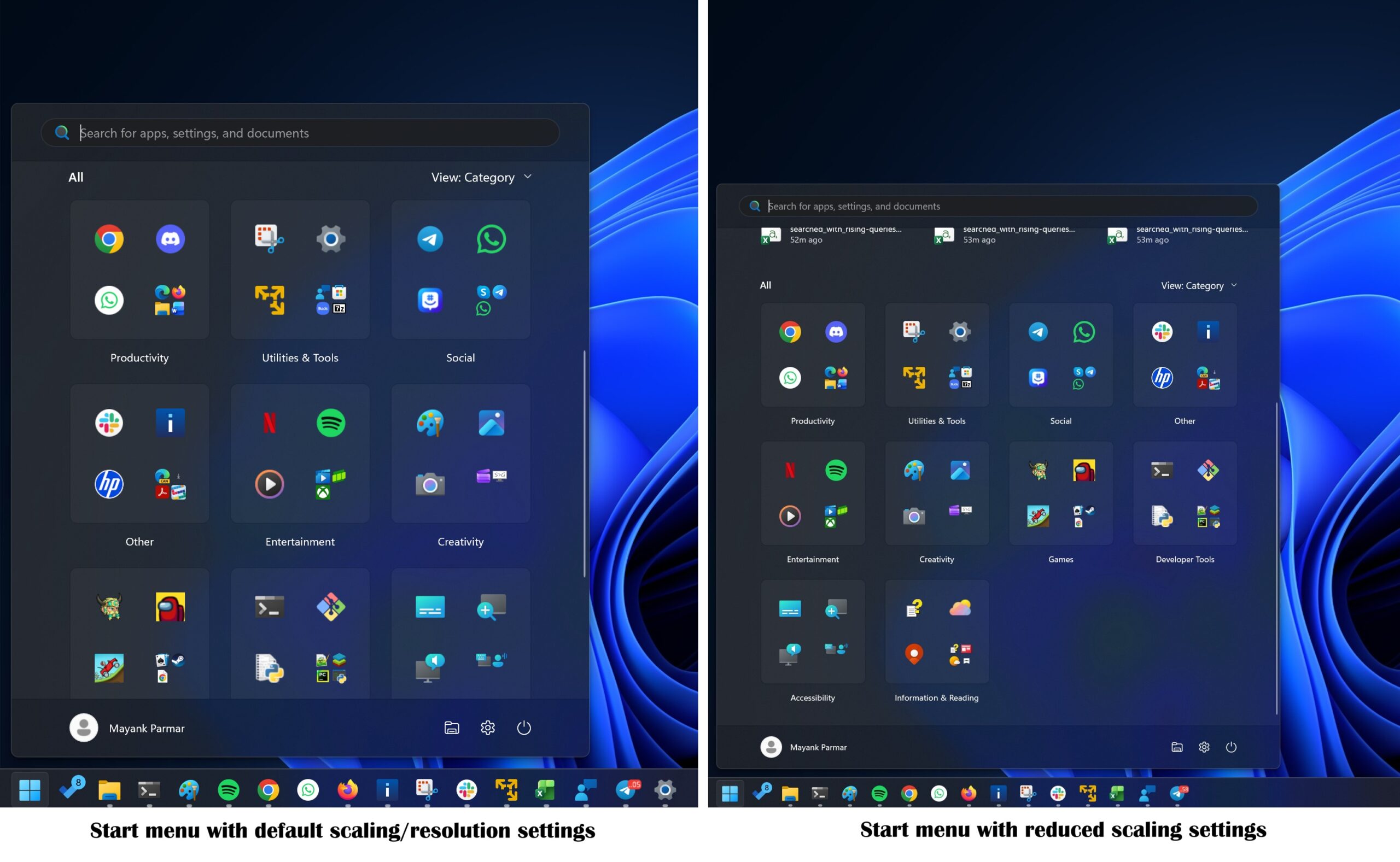 Start menu size in Windows 11