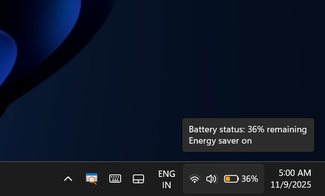 Taskbar battery with energy saver turned on