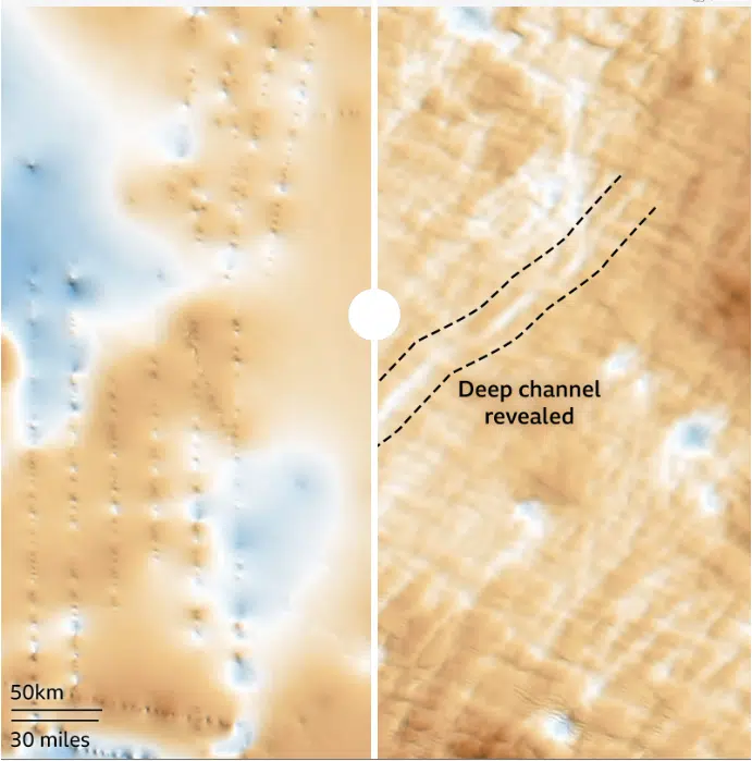 This Before And After View Reveals A Deep Subglacial Channel Beneath Antarctica.