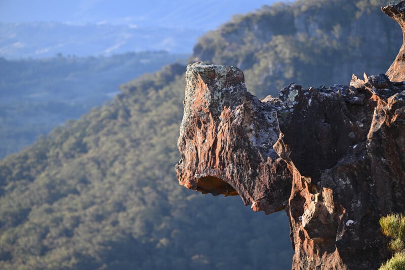 A rugged rock formation juts out over a forested valley, with distant hills and trees blurred in the background under soft daylight.