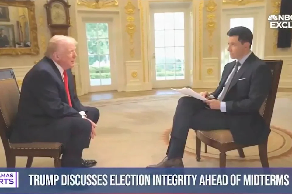 President Donald Trump speaks to NBC Nightly News' Tom Llamas during a Wednesday interview. Trump told Llamas that he believed there was 'corruption' in the voting processes of several cities, all of which typically lean towards Democrats in elections (NBC Nightly News)