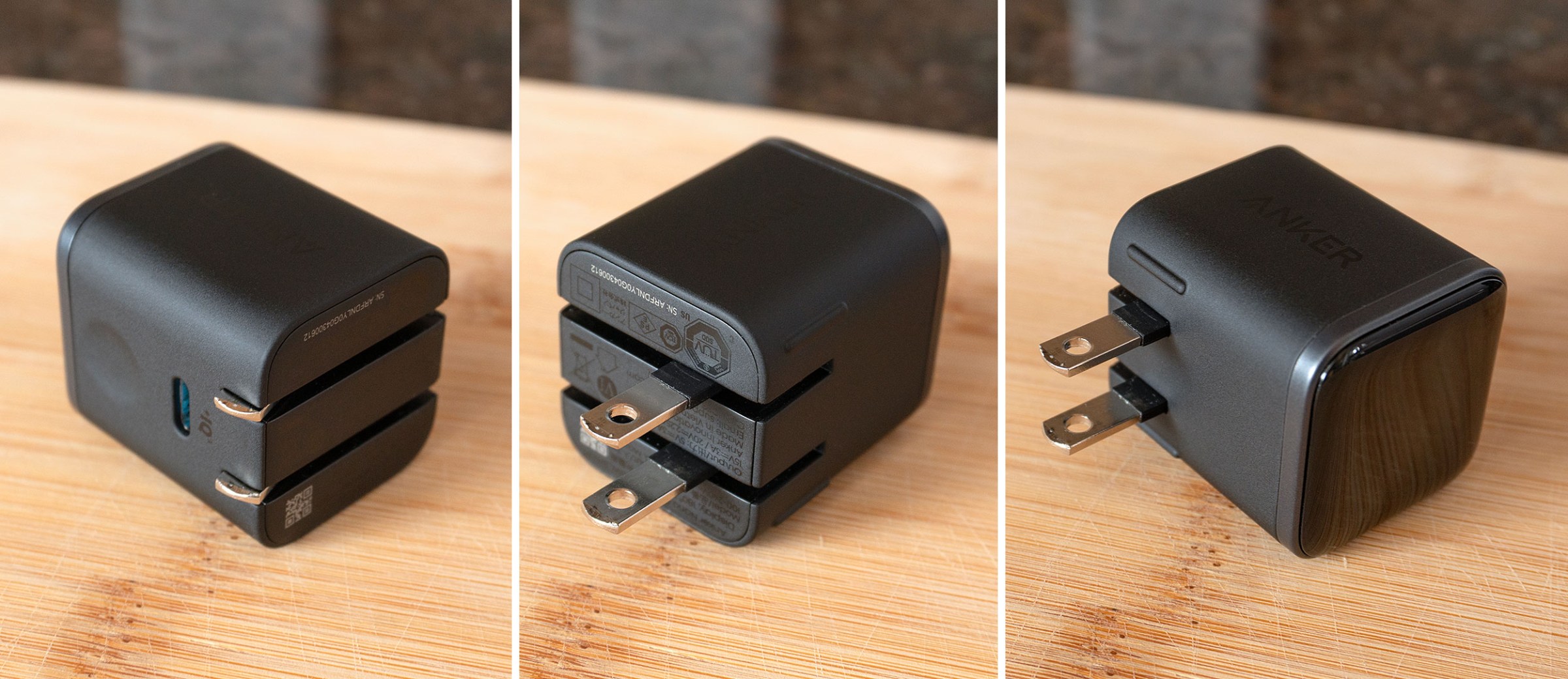 Three photos demonstrating the 180-degree rotating prongs on the Anker Nano charger.