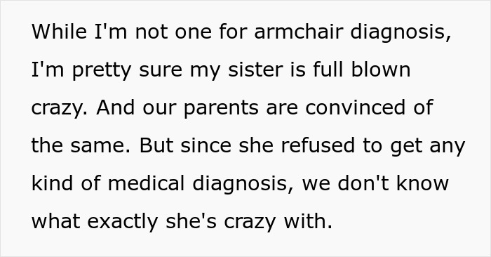 Text excerpt discussing a woman’s behavior described as crazy amid family conflict over parenting and medical diagnosis refusal.