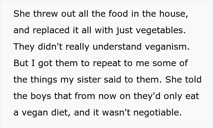 Text excerpt about a woman enforcing a vegan diet on her kids amid a conflict involving her brother and parenting.