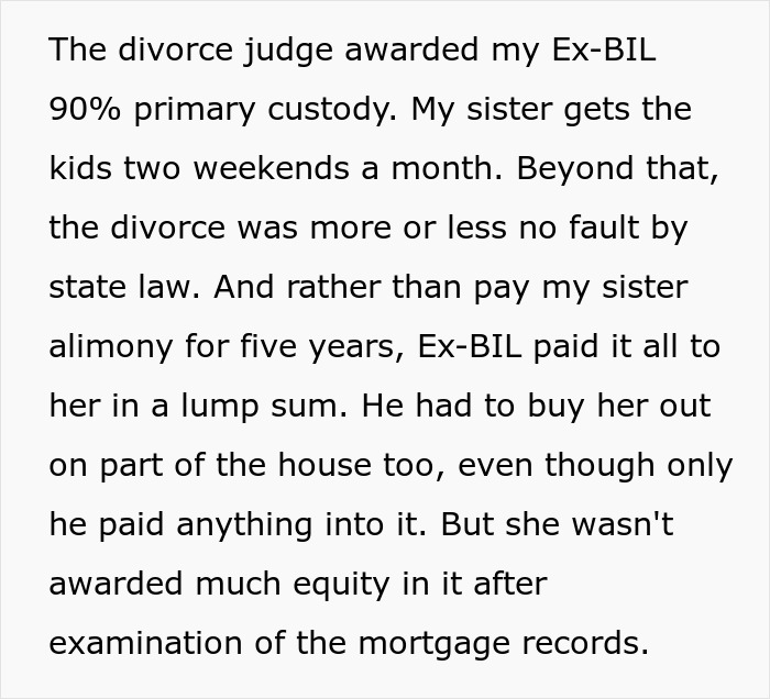 Text discussing a divorce judge awarding custody and alimony details involving an ex-brother-in-law and sister.