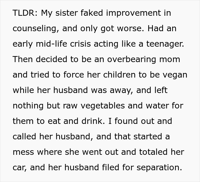 Text excerpt about a woman going berserk on her brother for meddling with her parenting and children’s issues.