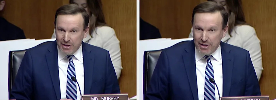 A person in a suit speaks at a podium in two similar images, likely during a formal event or meeting, with a nameplate visible