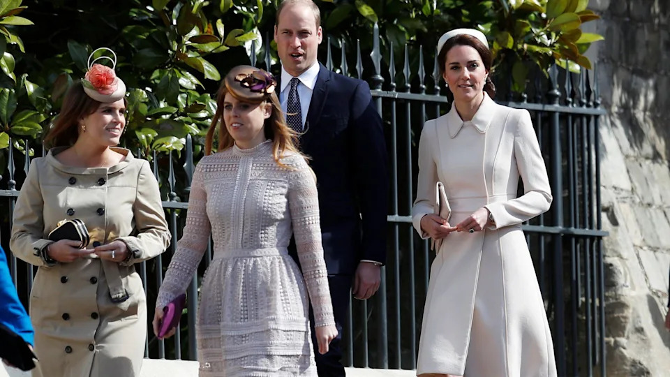 Princess Eugenie, Princess Beatrice, Prince William Catherine, Princess of Wales attend the Easter Day service at St George's Chapel on April 16, 2017 in Windsor, England
