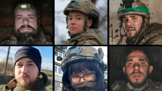 Individual photos of six Ukrainian soldiers on a grid, all of which are wearing a uniform and/or protective equipment