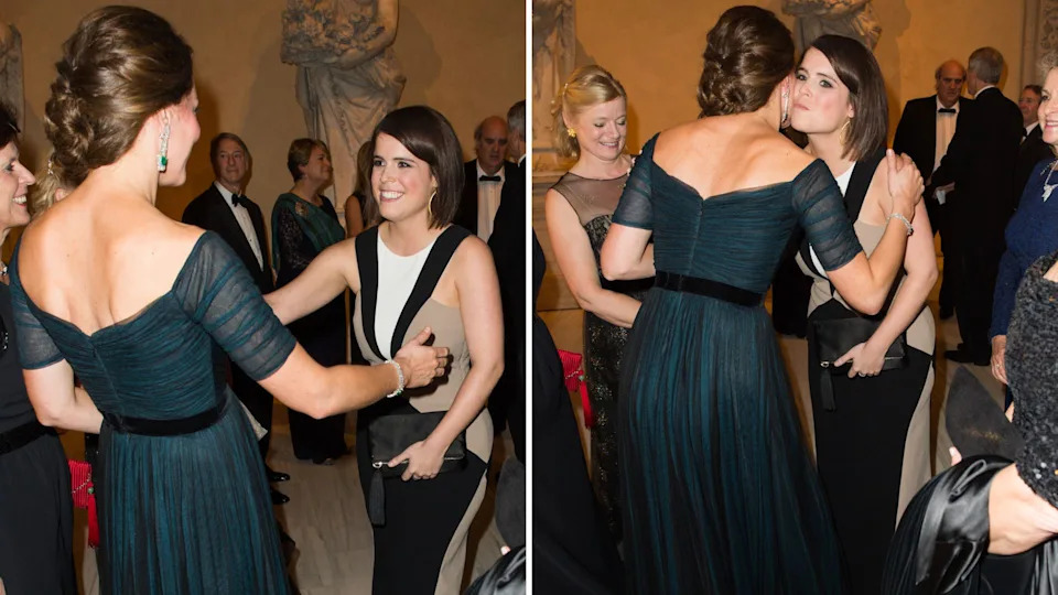 Two photos of Kate Middleton and Princess Eugenie embracing at the St Andrews 600th Dinner in 2014