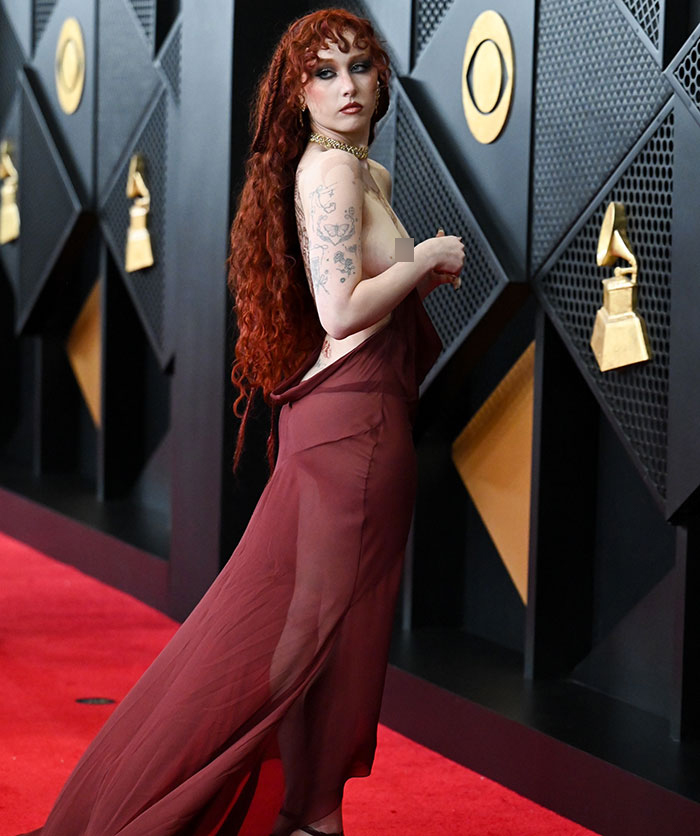 Chappell Roan poses on the red carpet in a sheer maroon dress at the Grammys, drawing attention with her bold look. Chappell Roan poses on the red carpet in a sheer maroon dress at the Grammys, drawing attention with her bold look.