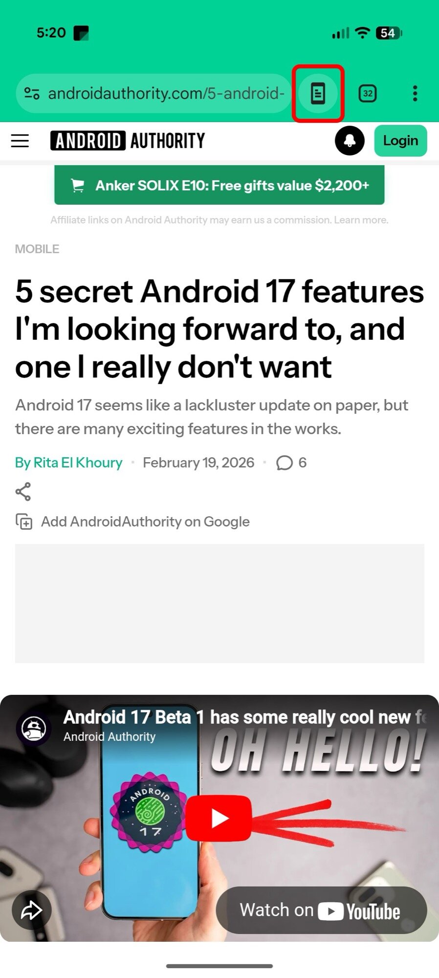 chrome android screenshot reading mode icon url bar