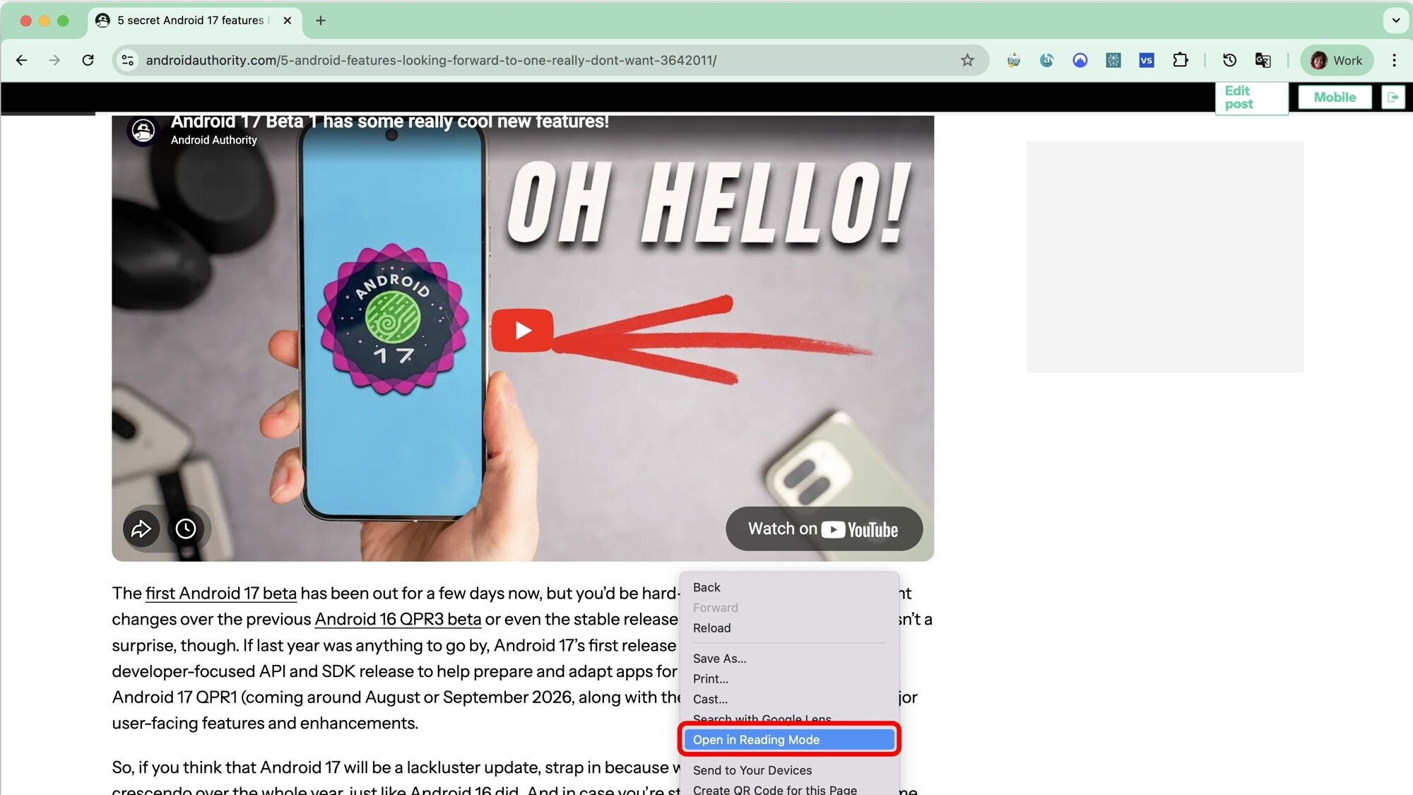 Chrome on Desktop screenshot right click reading mode