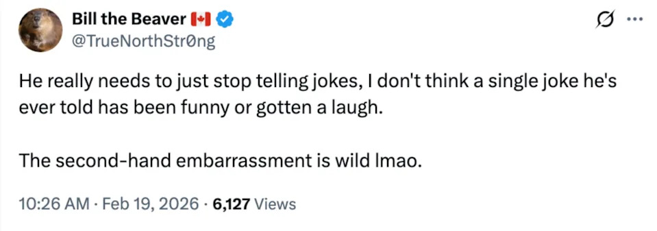 Tweet by Bill the Beaver criticizing someone's jokes as unfunny and causing second-hand embarrassment