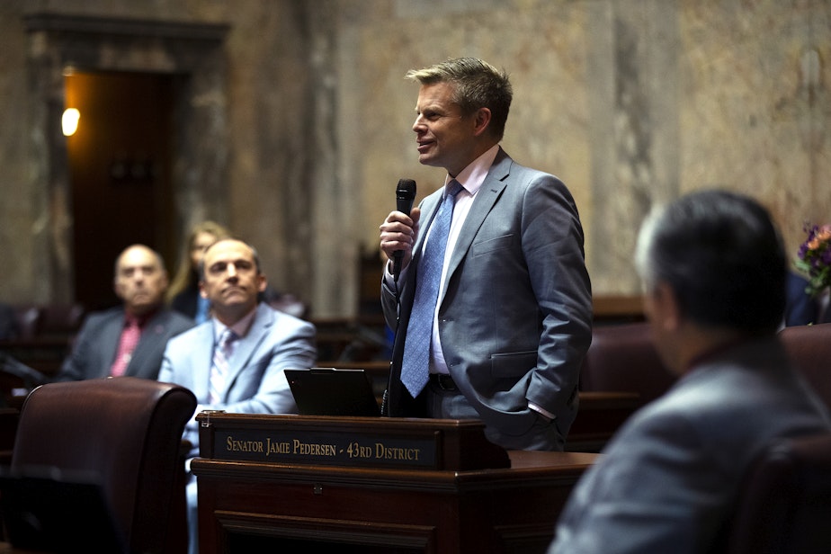caption: Washington state senator Jamie Pedersen speaks during a legislative session on Thursday, February 26, 2026, at the Washington State Capitol building in Olympia.