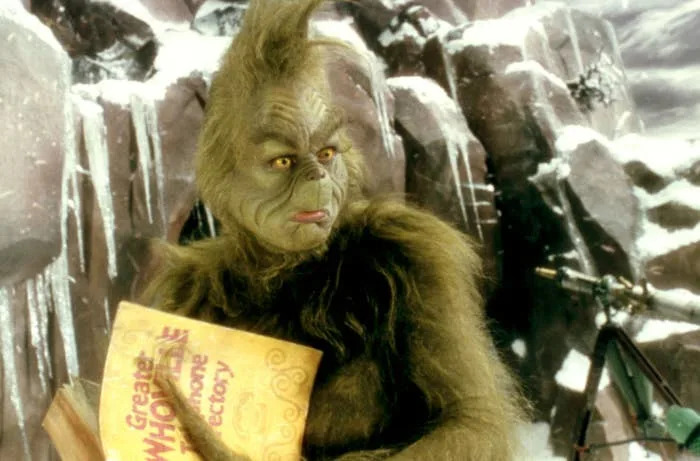 A furry green character with an unhappy expression holds a yellow book in a snowy landscape, reminiscent of a holiday-themed setting