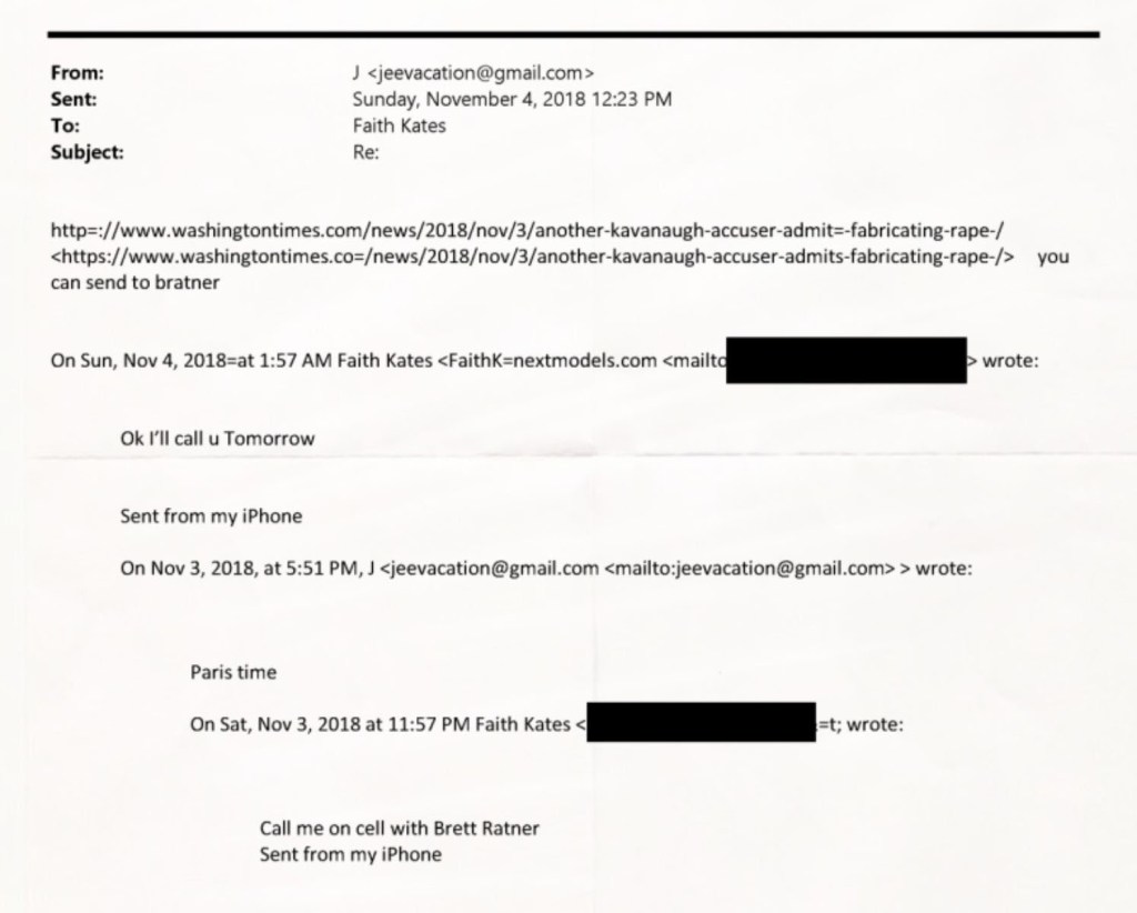 Screenshot of an email from Jeffrey Epstein to Faith Kates dated November 4, 2018. The message includes links to Washington Times articles about a Kavanaugh accuser and a line stating the article can be sent to Brett Ratner. Earlier messages in the thread reference a phone call involving Ratner.