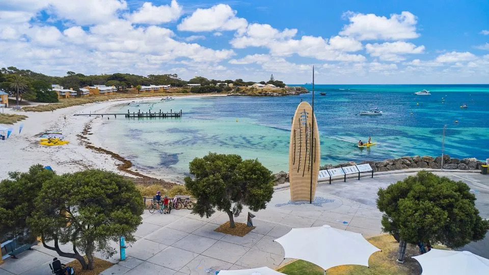 Koora-Yeye-Boordawan-Kalyakoorl (Past-Present-Future-Forever) is a sculpture at the end of the island's main ferry jetty, depicting a Noongar warrior and breaching whale. - Tim Campbell/Rottnest Island Authority