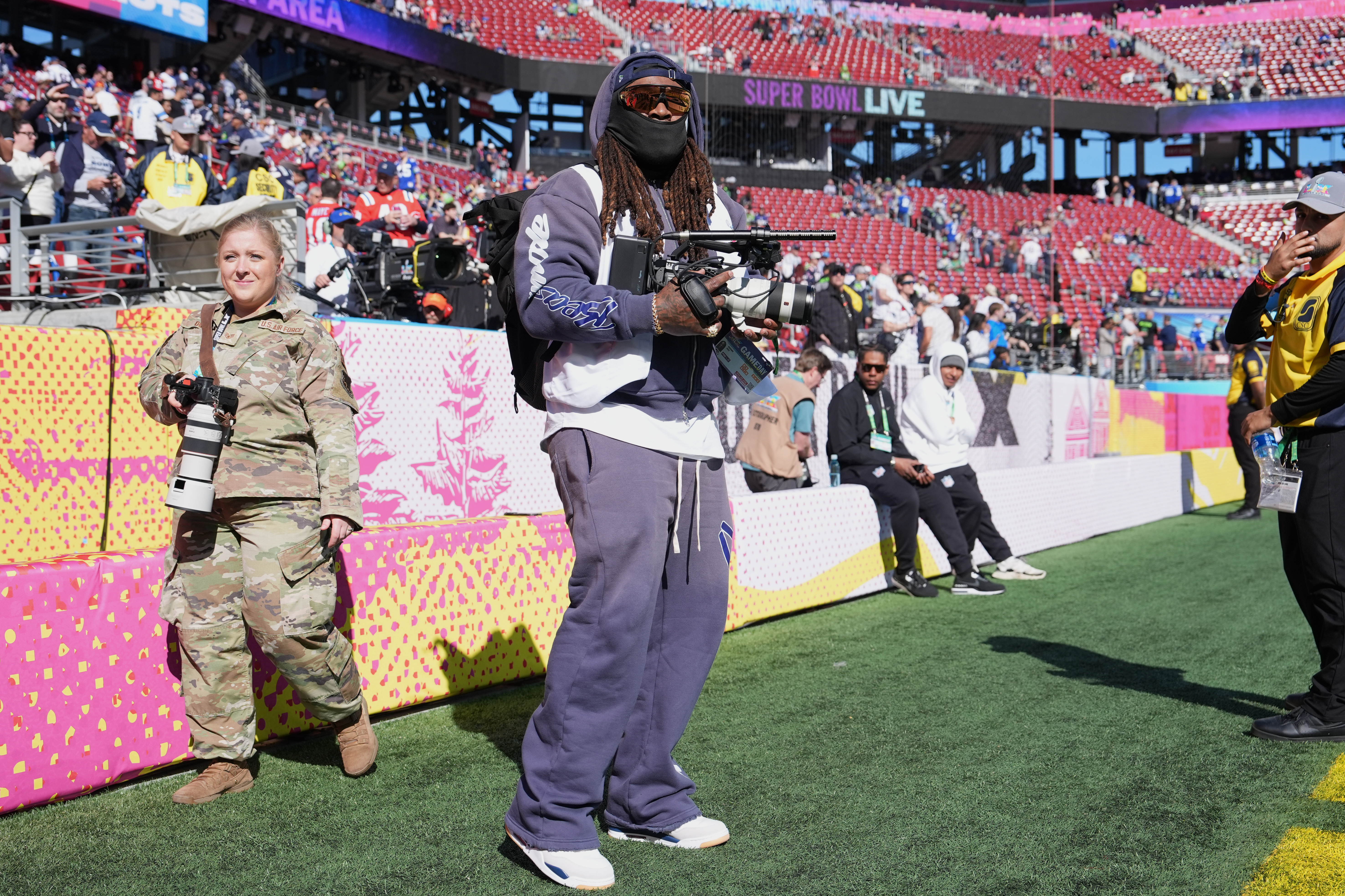 Marshawn Lynch on the field prior to Super Bowl LX between the New England Patriots and the Seattle Seahawks at Levi's Stadium on February 08, 2026 in Santa Clara, California.