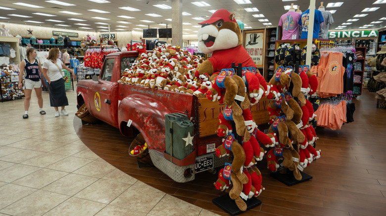 A vintage red pickup truck display filled with stuffed beavers and other merchandise inside a Bucc-ee's.