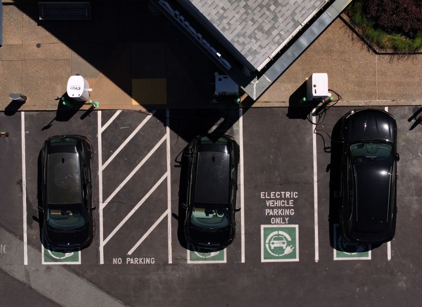 Electric cars are parked at a charging station on May 19, 2025, in Corte Madera, California.