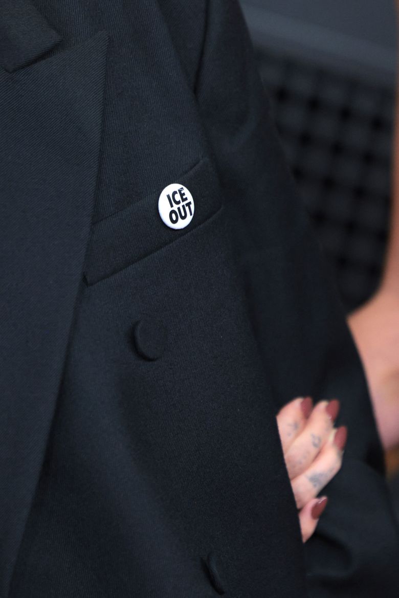 A close-up on the badges worn to protest the Trump administration’s ongoing immigration crackdown.