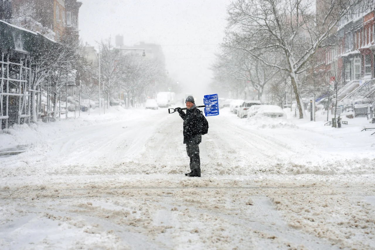 A lone shoveler confronts heavy snow on Feb. 23  in Brooklyn, N.Y.