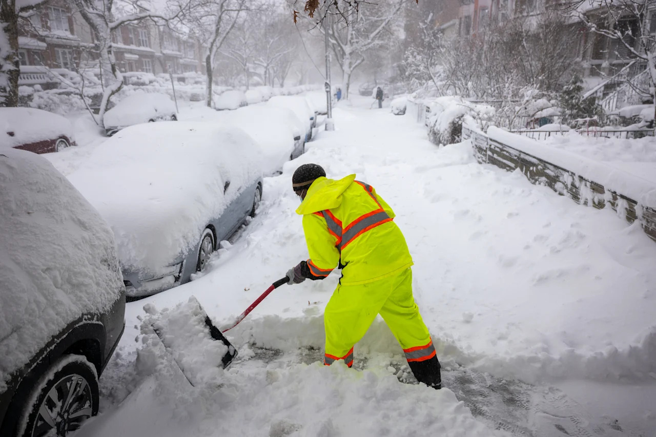 A shoveler on the streets of Brooklyn, N.Y., as blizzard conditions continue on Feb. 23.