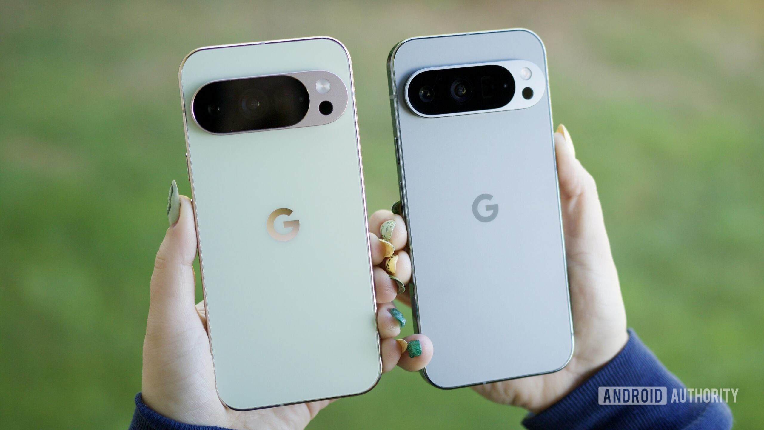 google pixel 10 pro vs pixel 9 pro camera comparison hero 5 Someone holding the Pixel 10 Pro and Pixel 9 Pro, showing the backs of the phones.