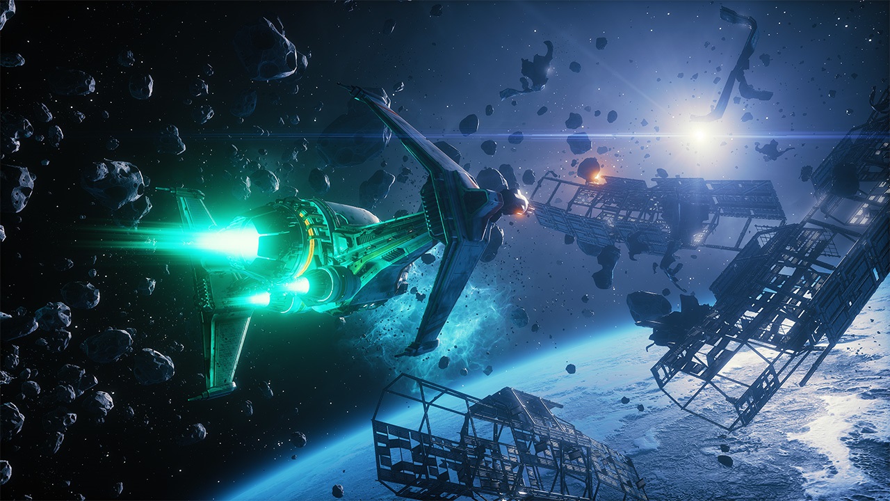 Still from the video game Everspace &ndash; Stellar Edition. A spaceship is flying through the broken debris of a satellite and some asteroids.