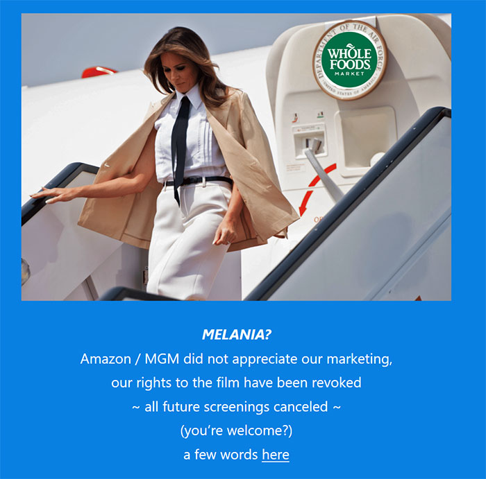 Melania stepping off airplane stairs with Whole Foods logo, related to theater clap back and Melania documentary pull. Melania stepping off airplane stairs with Whole Foods logo, related to theater clap back and Melania documentary pull.