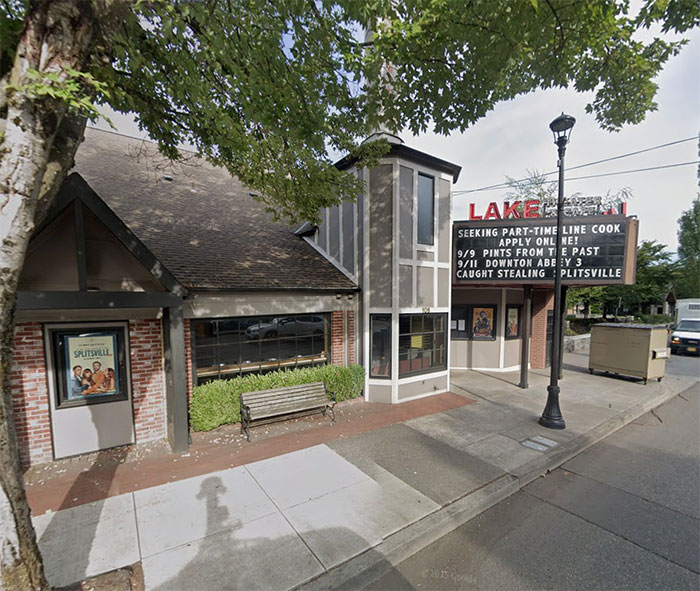 Exterior view of a small theater with a marquee about a part-time cook and showing the movie Splitsville. Exterior view of a small theater with a marquee about a part-time cook and showing the movie Splitsville.