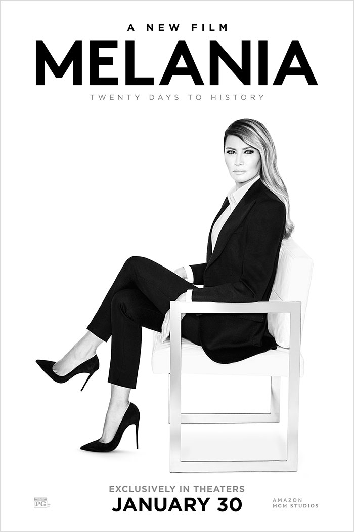 Melania film promotional poster featuring a woman in a black suit sitting on a modern white chair for theater release. Melania film promotional poster featuring a woman in a black suit sitting on a modern white chair for theater release.
