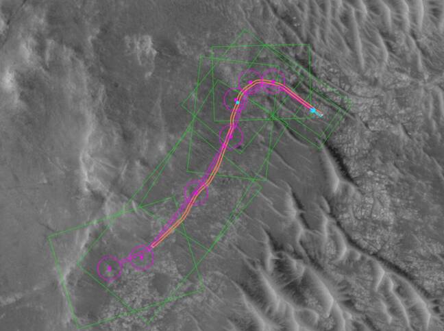 This annotated orbital image depicts the AI-planned (depicted in magenta) and actual (orange) routes the Perseverance Mars rover took during its Dec. 10, 2025, drive at Jezero Crater. Credit: NASA/JPL-Caltech/UofA