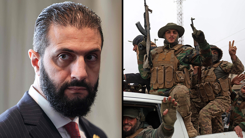 Rebel leader al-Sharaa and his forces (Photo: OMAR HAJ KADOUR / AFP / Ludovic MARIN / POOL) נשיא סוריה אחמד א שרע הסכם עם ה כורדים לכאורה