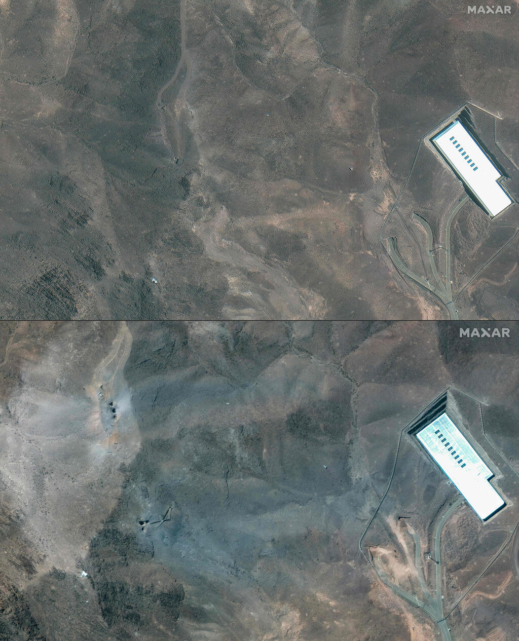 Satellite images show Iran’s Fordo nuclear facility before and after US airstrikes. The top image, taken June 19, shows the site prior to the attack. The bottom image shows damage in the surrounding area following the strikes (Photo: AFP PHOTO/ SATELLITE IMAGE ©2025 MAXAR TECHNOLOGIES) הנזק בפורדו