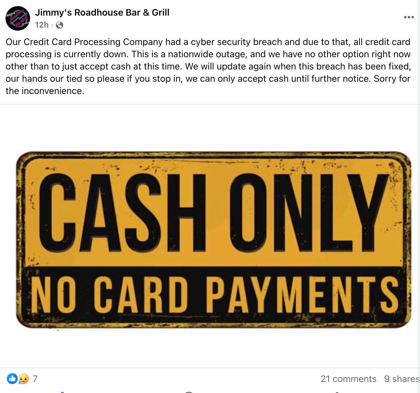 Restaurant says it can only take cash payments during a POS outage