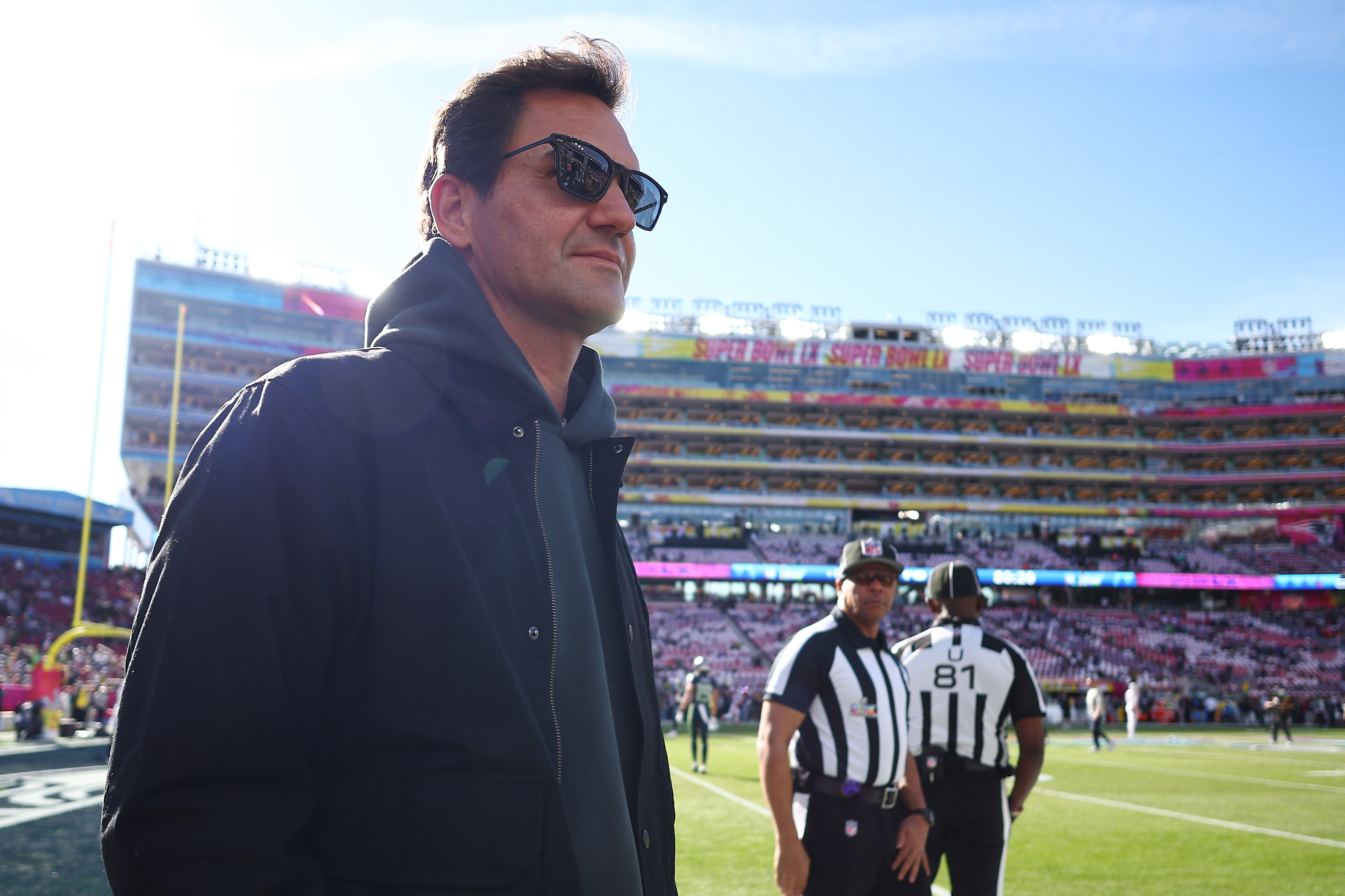 Roger Federer on the field prior to Super Bowl LX between the New England Patriots and the Seattle Seahawks at Levi's Stadium on February 08, 2026 in Santa Clara, California.