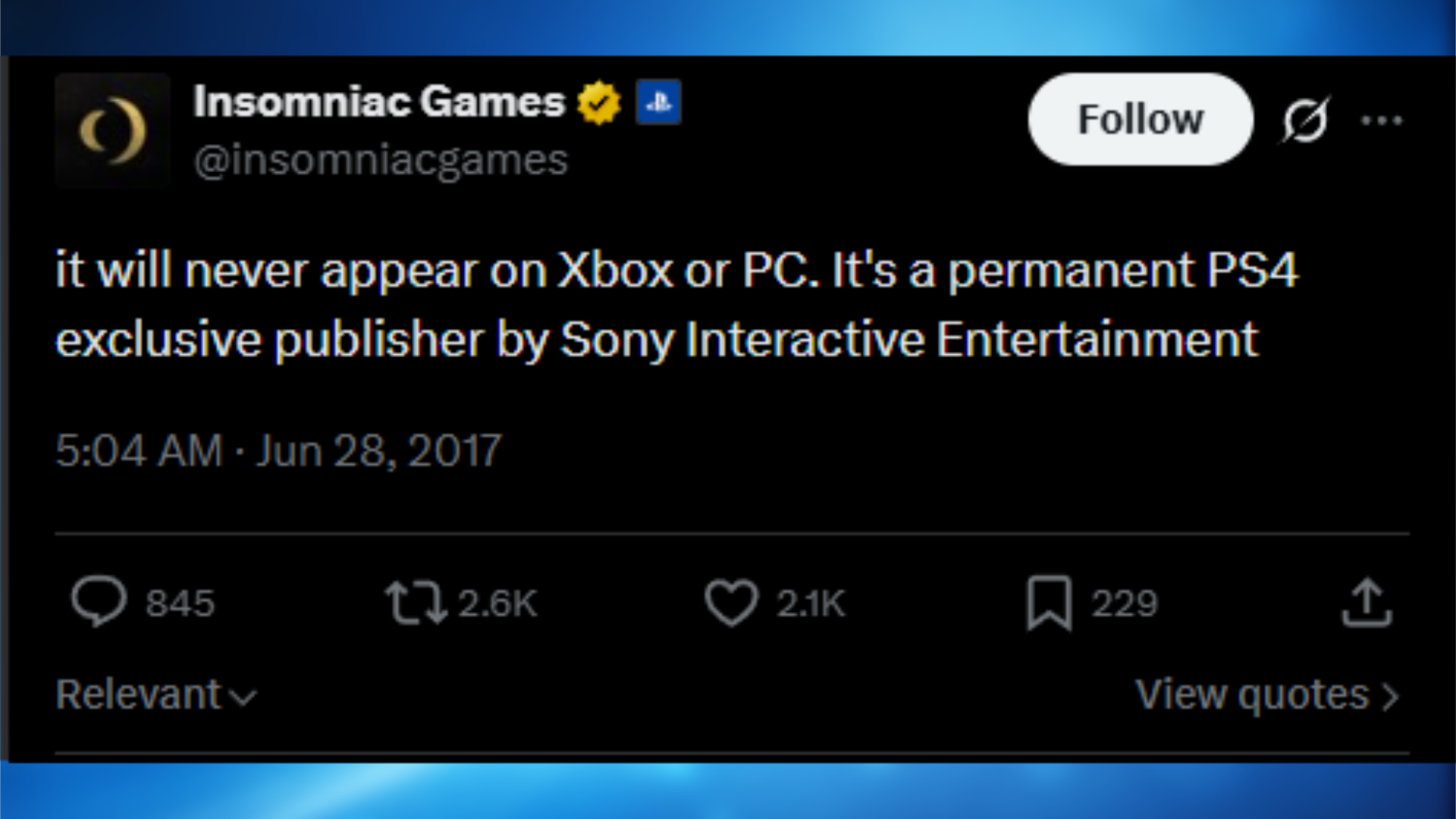 Screenshot of Insomniac stating the game wouldn't come to PC or Xbox in 2017