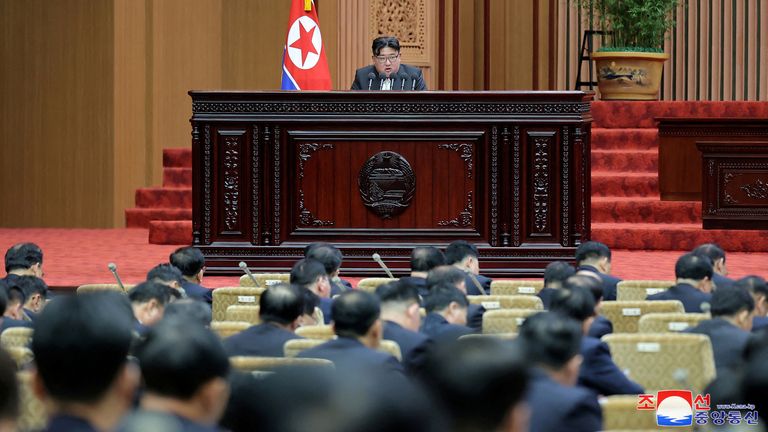 Kim Jong-un addresses the North Korea Supreme People's Assembly, Pyongyang's version of parliament. Pic: Reuters