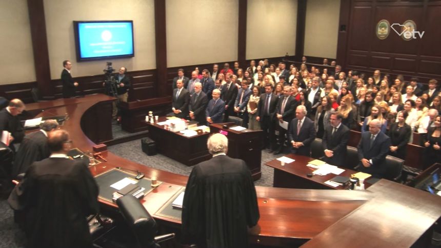 South Carolina Supreme Court Justices enter the courtroom in Columbia on February 11, 2026.
