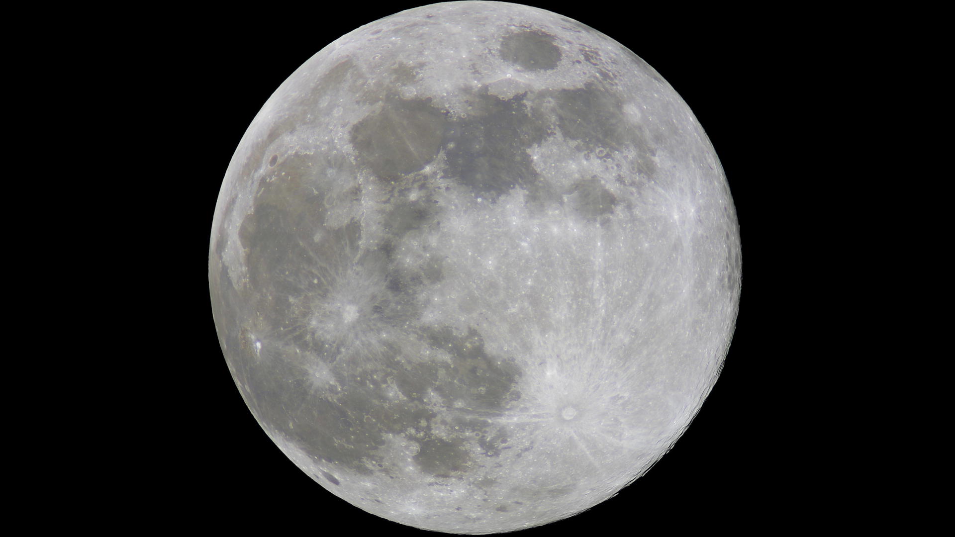 A picture of a full moon shining with reflected sunlight against a black night sky. Dark patches called lunar maria, or lunar seas are visible marking its left and upper right surface.