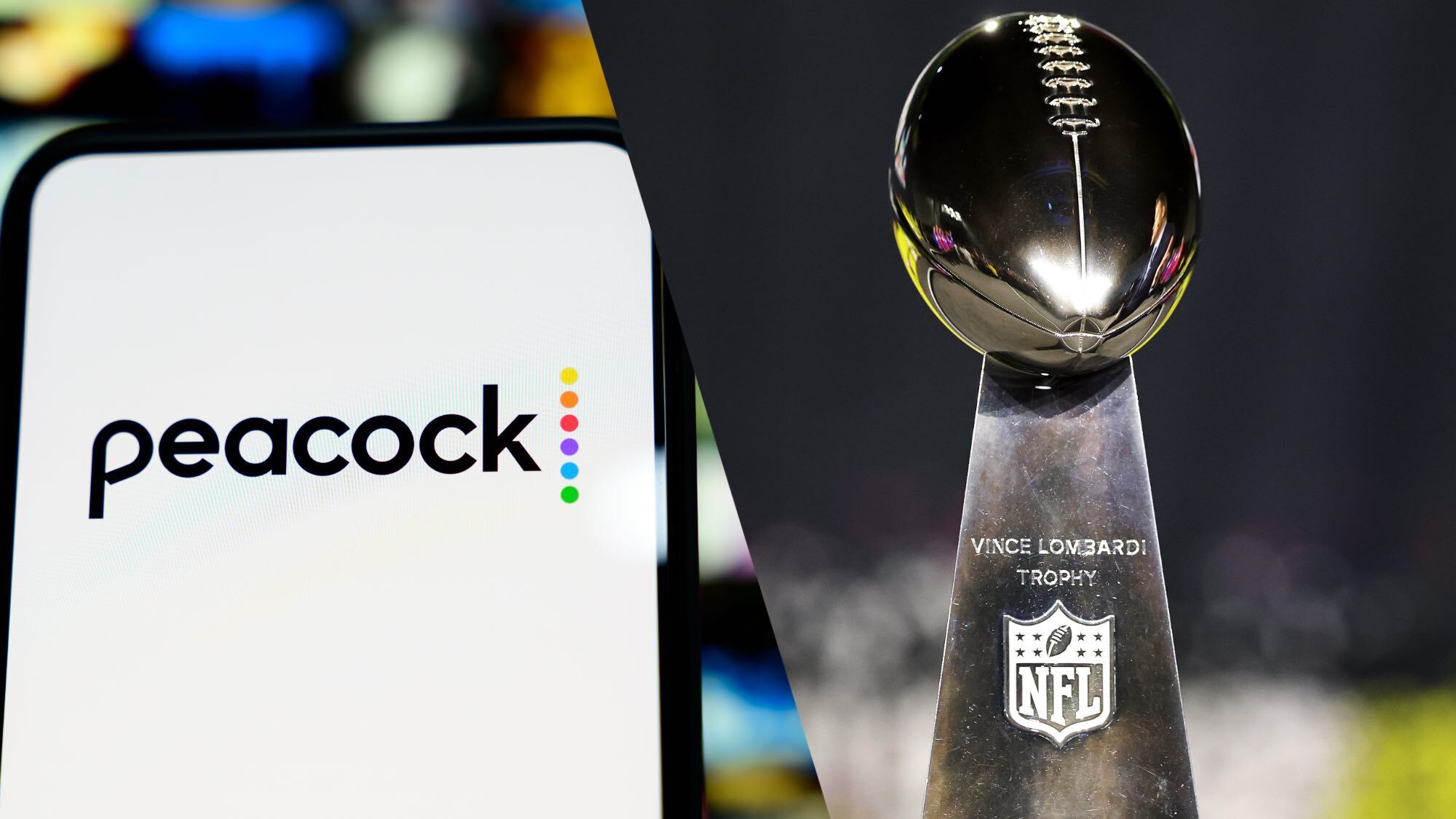 The Peacock logo on a phone next to an image of the Vince Lombardi Trophy, which is awarded to the winner of the Super Bowl.