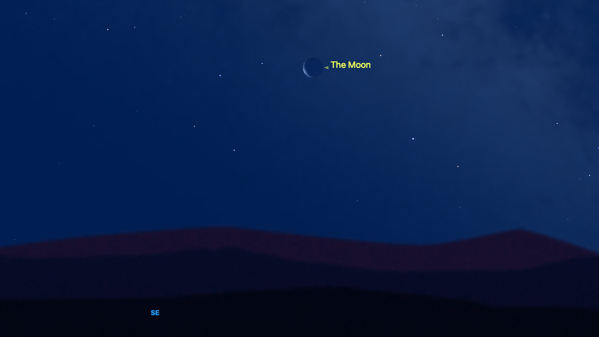 A simulation of the night sky for Feb. 13 showing the thin crescent moon above the silhouetted southeastern horizon in a dark blue morning sky.