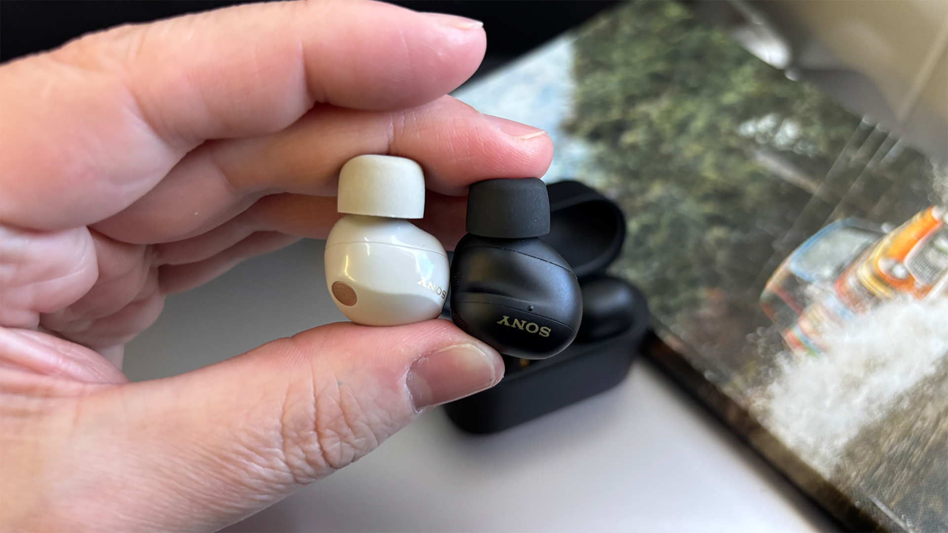 Sony WF-1000XM6 wireless earbuds one black one white held in hand